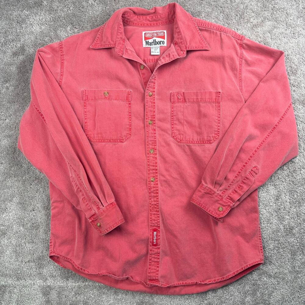 Marlboro Adventure Team Vintage Button Down Shirt Size L Red Cotton Advertising